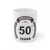 White ceramic 50th anniversary printed coffee mug with 330ml capacity, celebratory design for special occasions